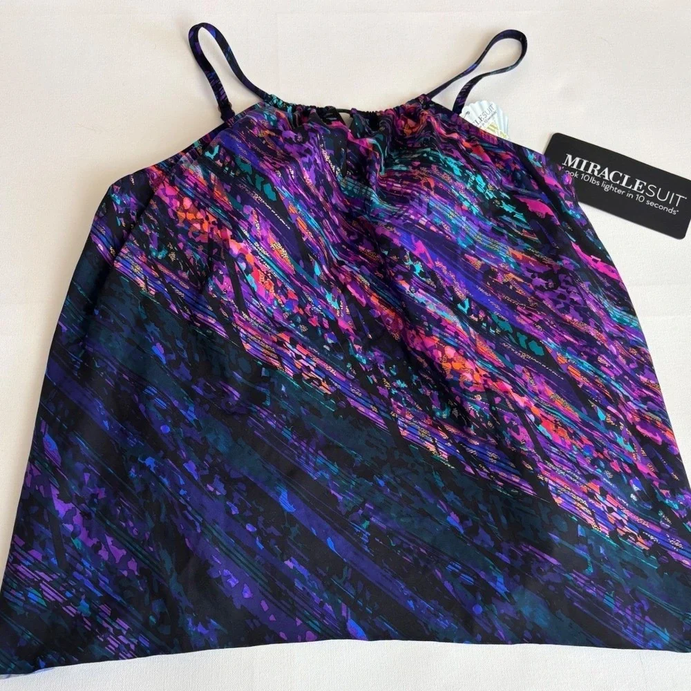 NWT Miraclesuit Peephole Tankini Top Womens 16 Multi Color Abstract Swim Festive